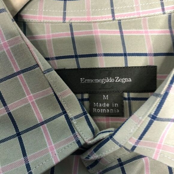 Ermenegildo Zegna Shirt Mens Medium Green Pink Blue Plaid Button Front Cotton - Picture 7 of 8